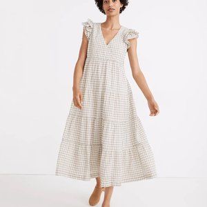 Madewell Gingham Seersucker Ruffle Sleeve Tiered Midi Dress